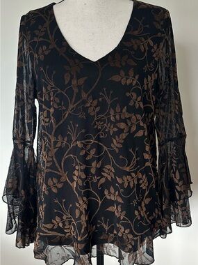 Sheer Mesh Bell Sleeve Floral Tunic Top Large Boho Dark Fairy goth Witchy
